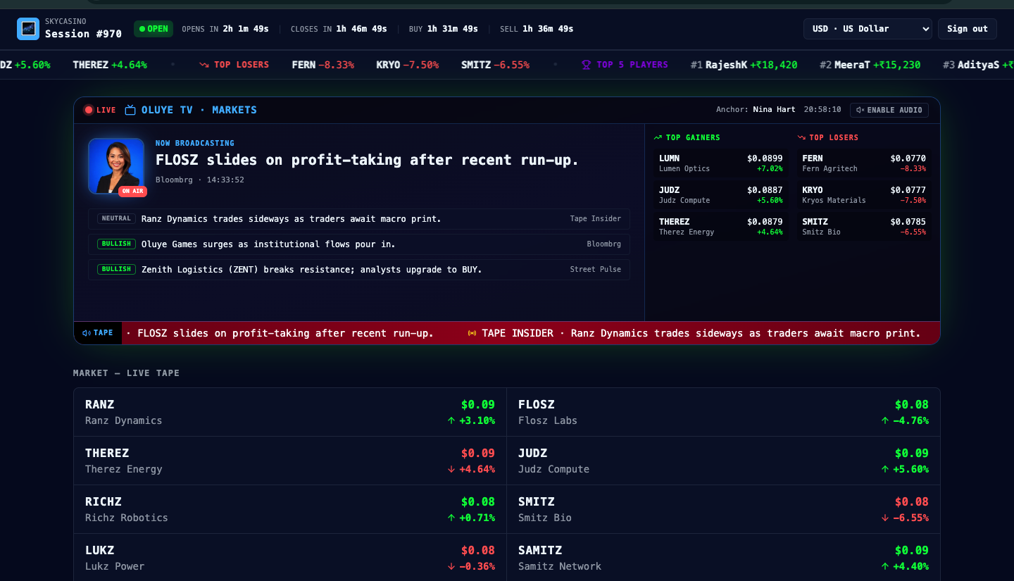 Sky Casino — Live tape · Bloomberg-style ticker
