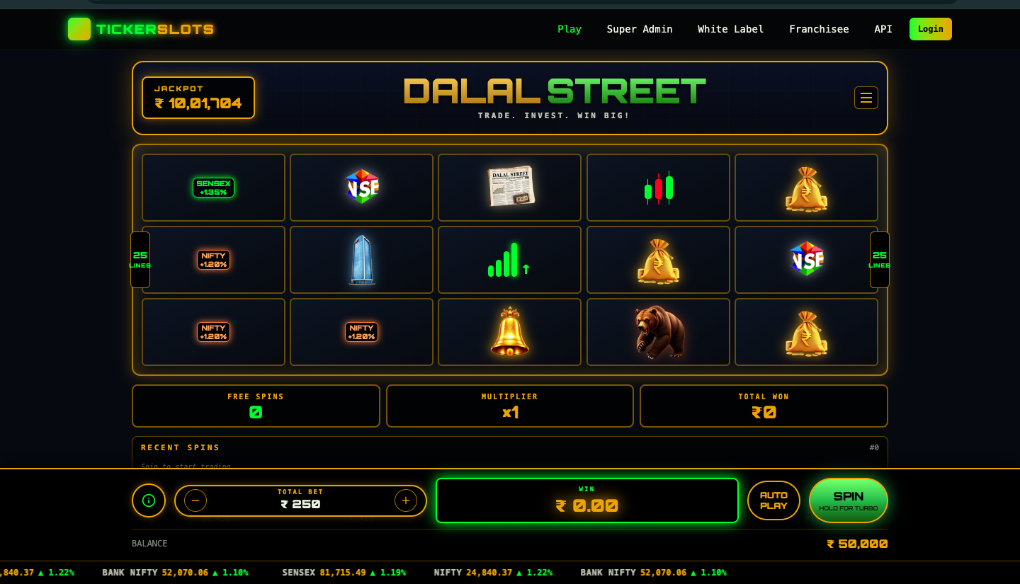 Ticker Slots — Dalal Street · 25-line stock slot